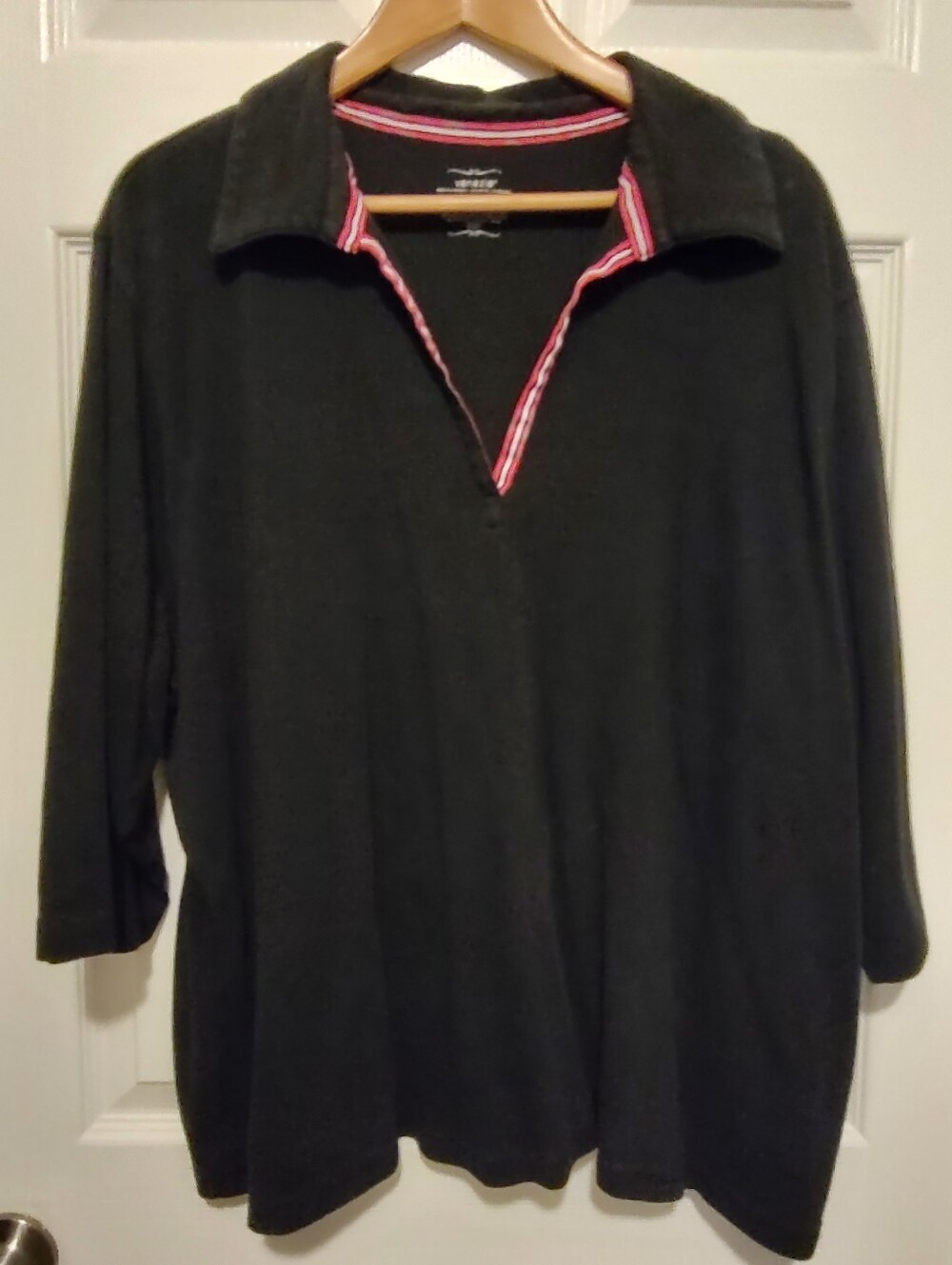 Venezia Black V-Neck Sweater with Red and White Stripe Trim